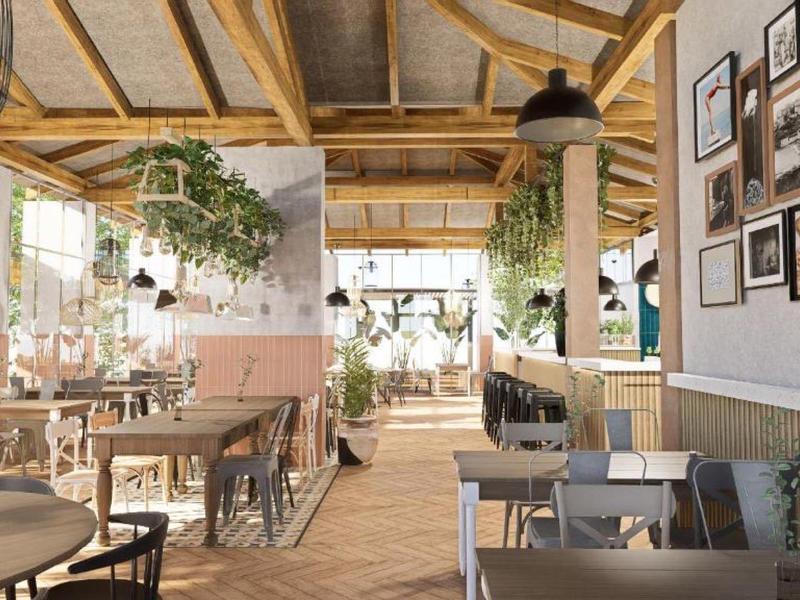 Jasna kawiarnia z drewnianym stropem, zielenią i przytulnymi miejscami do siedzenia.