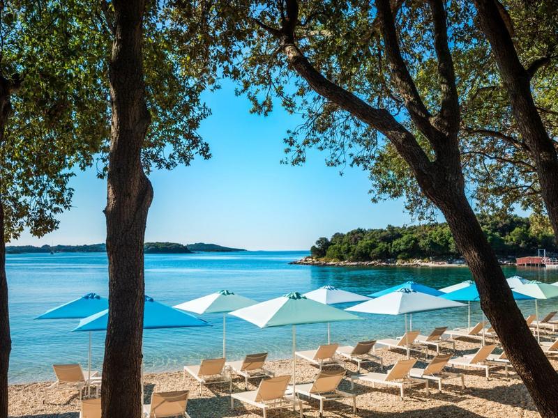 Plaża z leżakami, parasolami i drzewami nad czystym niebieskim morzem.