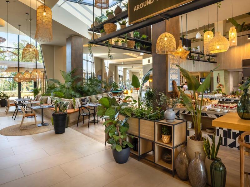 Jasna, nowoczesna restauracja z wieloma roślinami, drewnianymi meblami i dużymi oknami.