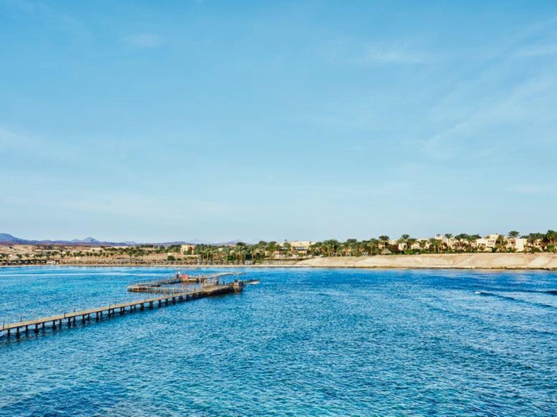 Vue d'une jetée en bois s'étendant sur une mer bleue calme vers une plage ensoleillée.