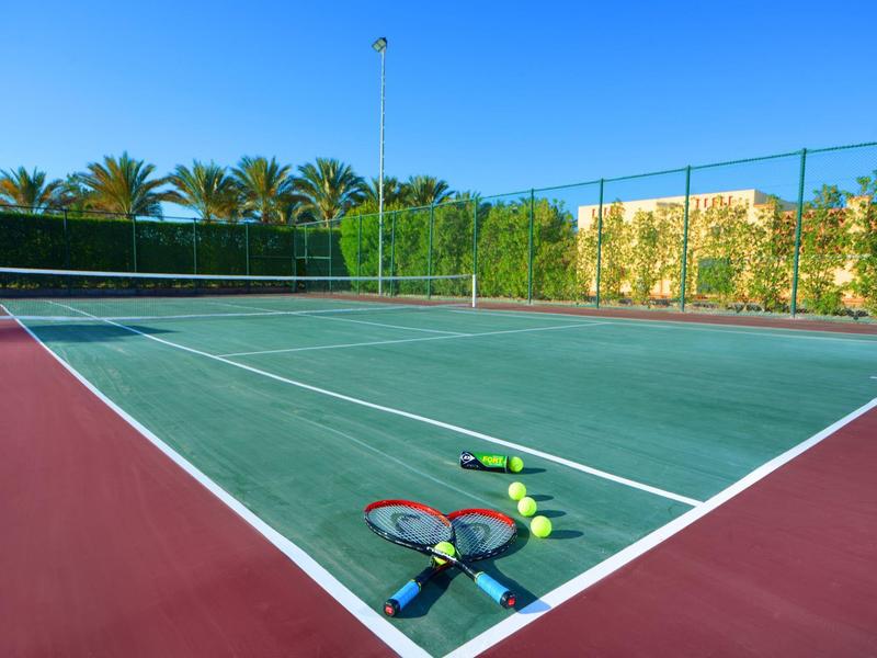 Buiten tennisbaan met rackets en ballen op de grond, omgeven door palmbomen en groen.