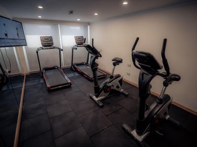 Pequeño gimnasio con dos cintas de correr, dos bicicletas estáticas y un gran espejo.