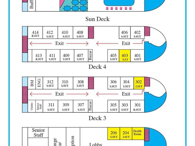 Five deck plans of a Nile cruise ship showing rooms, pool, lobby, and dining areas.