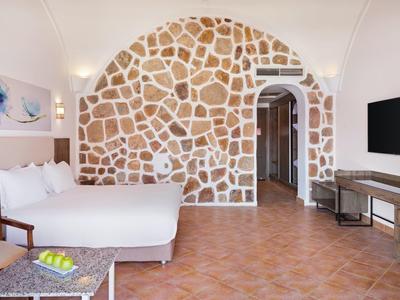 Camera d'hotel spaziosa con parete in pietra, letto matrimoniale, TV e pavimento piastrellato.