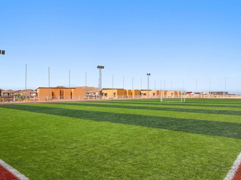 Grünes Fußballfeld mit weißen Linien und Flutlichtmasten vor klar blauem Himmel und Gebäuden.