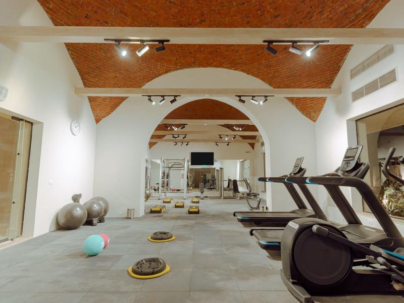 Palestra moderna con palle da esercizio, tapis roulant e pesi sotto un soffitto in legno.