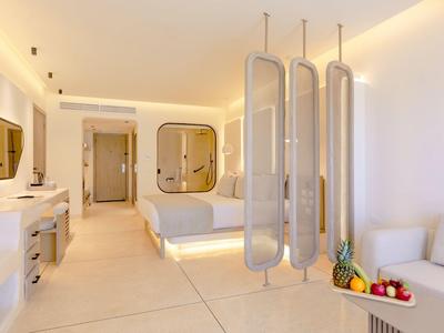 Světý moderní hotelový pokoj s dvoulůžkem, zrcadlem, posezením a košem s ovocem.