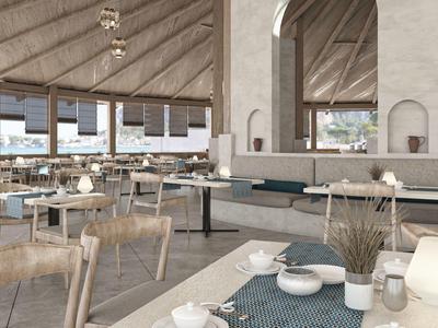 Restaurant moderne avec chaises en bois, tables blanches et grandes fenêtres avec vue.