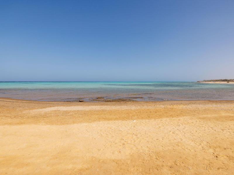 Calm sea meets golden sandy beach under clear blue sky.