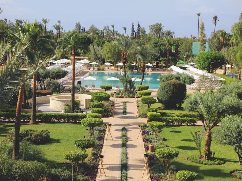 Pohled na hotelový bazén s palmami a upravenou zahradou v popředí.