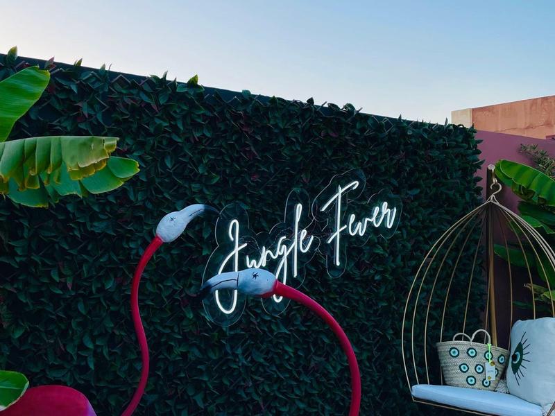 Decorazioni di fenicotteri rosa davanti a una siepe verde con la scritta 'Jungle Fever'.