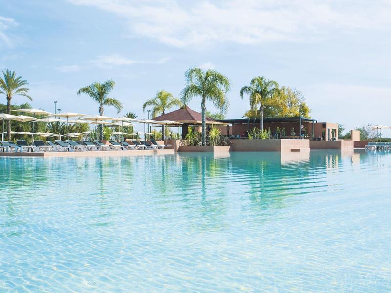 Large outdoor pool with clear water, palm trees, and lounge chairs under a blue sky.