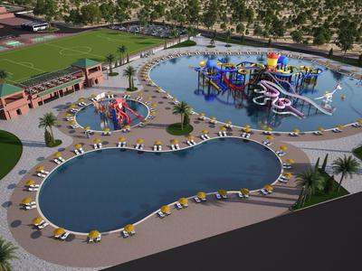 Freizeitpark mit mehreren Pools, Wasserspielplatz und Liegestühlen in sonniger Umgebung.