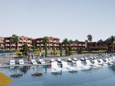 Großer Pool mit Liegestühlen, dahinter mehrstöckige Hotels und Palmen unter klarem Himmel.