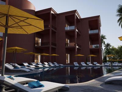 Moderner Hotelpoolbereich mit Liegestühlen und großen gelben Sonnenschirmen bei klarem Himmel.