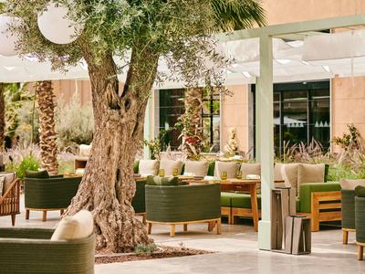 Gemütliches Außenrestaurant mit Olivenbaum, grünen Sesseln und warmem Ambiente.