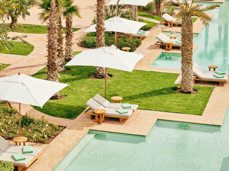Pool area with loungers, umbrellas, and palm trees at a hotel resort.