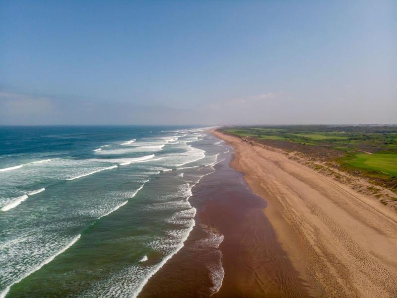 Extensa playa de arena con olas suaves y cielo azul, adyacente a un paisaje verde.