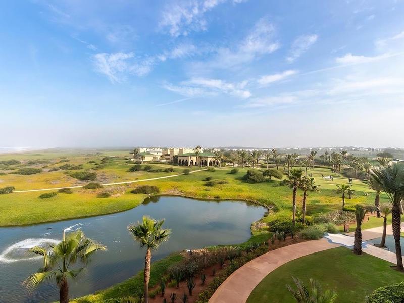 Campo de golf verde con estanque, palmeras y cielo azul claro al fondo.
