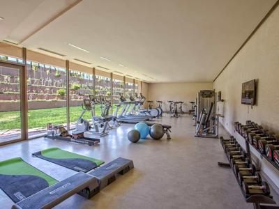 Bright gym with dumbbells, treadmills, and a view of a garden.