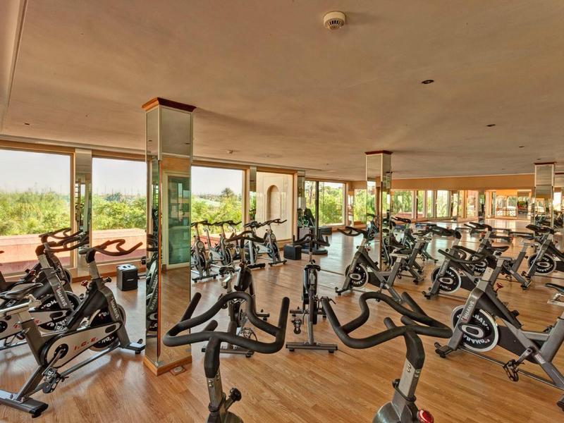 Duża siłownia z wieloma rowerami stacjonarnymi i drewnianą podłogą w jasnym pomieszczeniu.