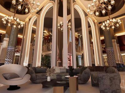 Luxuriöse Hotellobby mit hohen, gebogenen Fensterbögen, eleganten Sitzbereichen und Kronleuchtern.