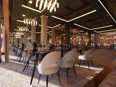 Moderner Hotelrestaurantbereich mit eleganten Stühlen und dekorativer Beleuchtung.