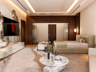 Modernes Hotelzimmer mit Doppelbett, Sofa, Fernseher und stilvollem Dekor.