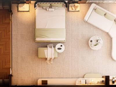 Vogelperspektive eines modernen Hotelzimmers mit Bett, Sofaecke und Holzboden.