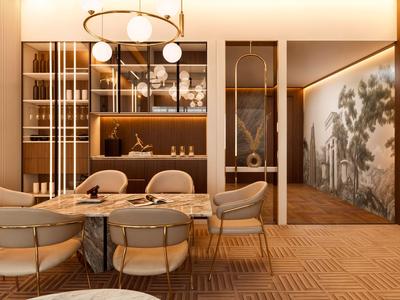 Modern eingerichteter Hotel-Loungebereich mit Sesseln, Tischen und Wandkunst.