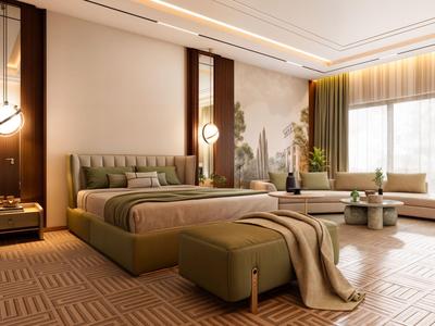 Elegantes Hotelzimmer mit großem Bett, Teppichboden und bodentiefen Fenstern mit Vorhängen.