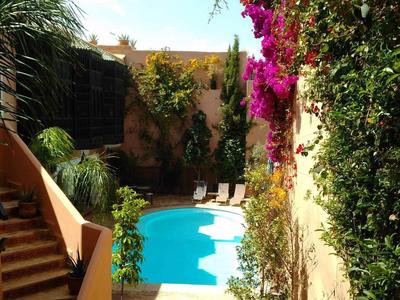 Hotel outdoor pool surrounded by flowering plants and sunlit stairs.