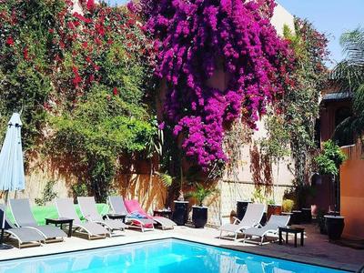 A tranquil pool area with lounge chairs and blooming plants under clear sky.