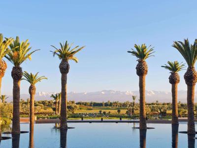 Pool with palm trees and mountain view under clear sky.