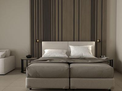 Modernes Schlafzimmer mit gepolstertem Doppelbett, Seitentischen und grauem Sofa.