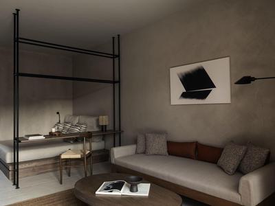 Soggiorno moderno con divano grigio, cuscini e scaffale metallico con area scrivania.