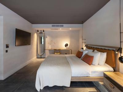 Camera d'hotel moderna con letto grande, scrivania, TV e arredamento semplice.