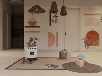 Área acogedora con alfombras, muebles pequeños y decoraciones de pared en tonos cálidos.