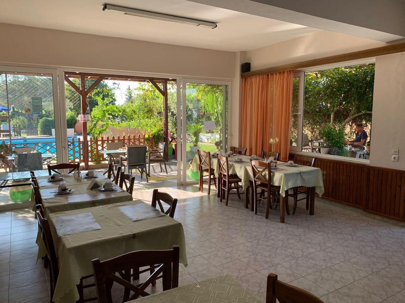 Hell eingerichteter Gastraum mit Tischen, Stühlen, großen Fenstern und Blick ins Grüne.