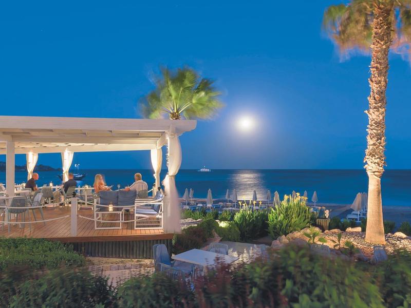 Terrasse eines Restaurants mit Meerblick bei Vollmond und Palmen in der Nacht.