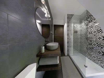 Modernes Badezimmer mit Waschbecken, großem Spiegel und Dusche mit gemustertem Glas