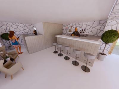 Helle moderne Hotelbar mit Bartresen, Barhockern und einer Person neben Kartons.