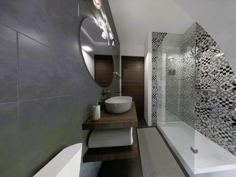 Modernes Badezimmer mit Waschbecken, großem Spiegel und Dusche mit gemustertem Glas