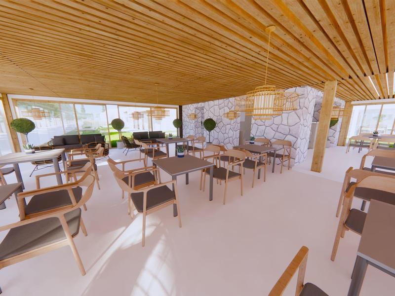 Helle, moderne Hotelbar mit Holzdecke und bequemen Sesseln, Tageslicht strömt herein.