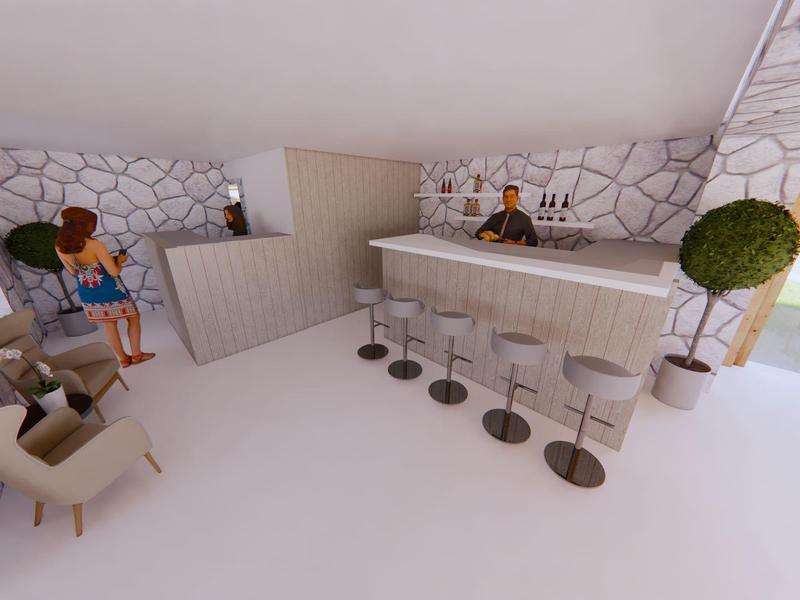 Moderner Barbereich mit weißem Tresen, Barhockern und einem Kind, das mit Kartons spielt.