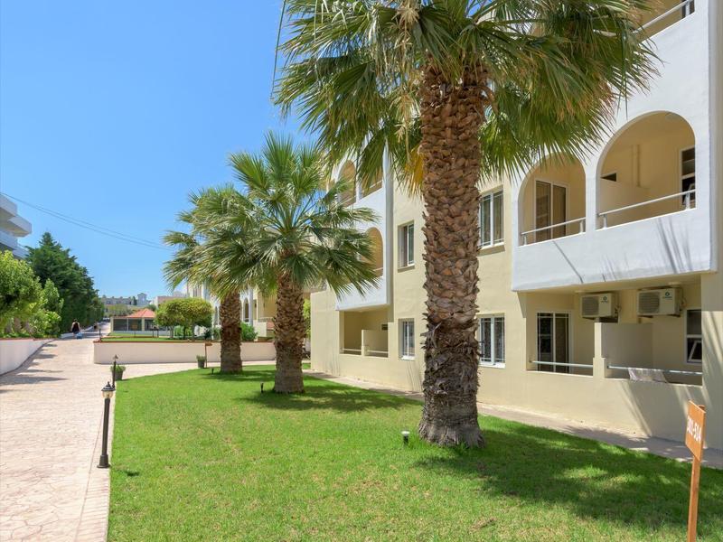 Green lawn with palm trees beside a beige hotel building under a clear blue sky.