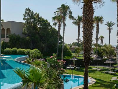 Área de piscina con palmeras y tumbonas en un hotel tropical