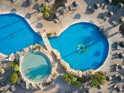 Vista aérea de una piscina rodeada de tumbonas y sombrillas en un día soleado.