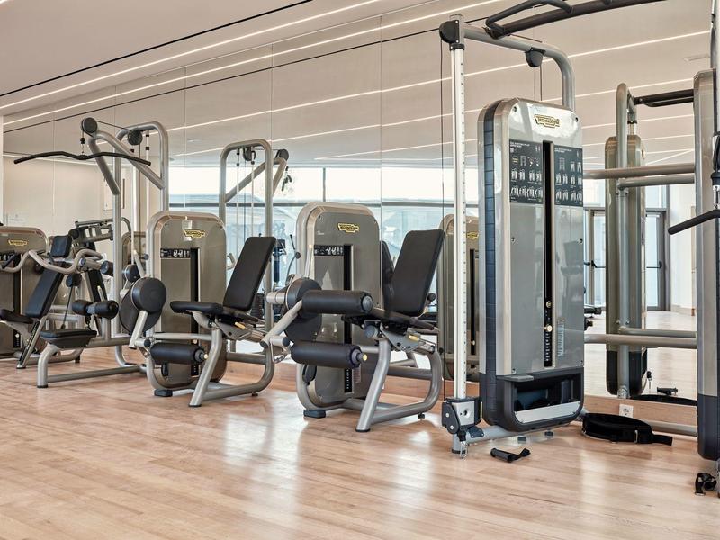 Moderner Fitnessraum mit mehreren schwarzen Trainingsgeräten, Holzboden und großen Fenstern.