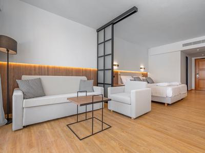 Modernes Hotelzimmer mit Sofa, Sessel, Doppelbett und Holzboden.